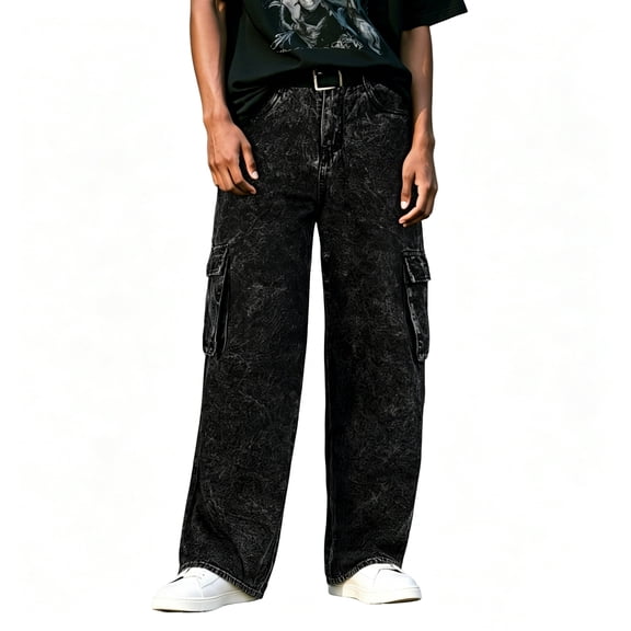 Smawell Men's Black Tie Dye Wide Leg Cargo Jeans, Relaxed Fit Multi Pocket Streetwear Denim Pants for Casual Daily Wear