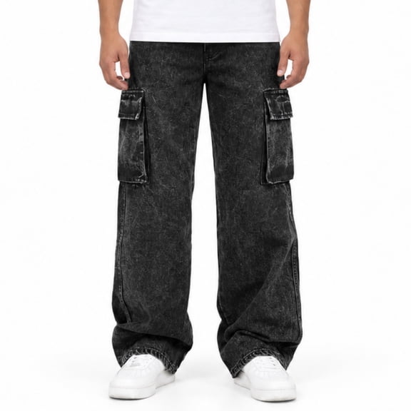 Smawell Men's Baggy Cargo Jeans, Black Acid Wash Wide Leg Denim Pants with Multi Pockets, Relaxed Fit Streetwear