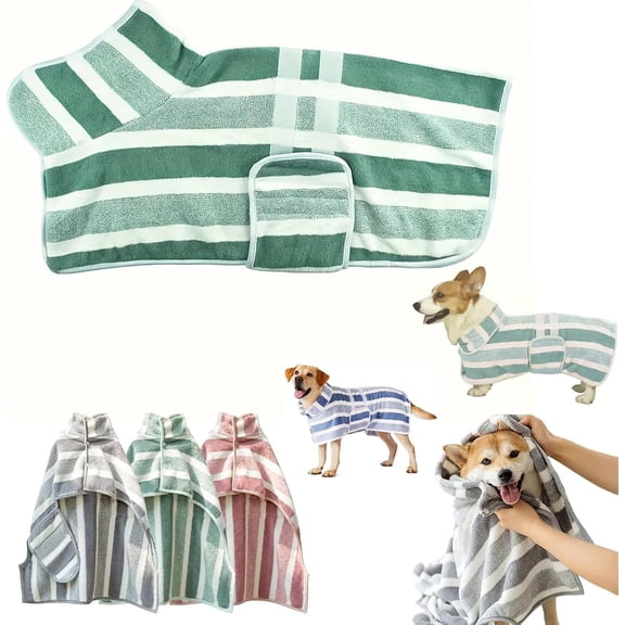Quick-Drying Dog Bathrobe,Striped Pet Dressing Gown with Adjustable Belly Band, Striped Design,Super-Absor, Fast Drying Dog Towel Robe for Small Medium Large Dogs