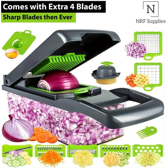 Quick and Easy Large Multifunctional Vegetable Chopper with Container 14 in 1 – Manual Hand Food Chopper Mincer, Slicer, Dicer & Veggie Cutter for Kitchen