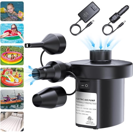 Quick-Fill Air Pump with 3 Nozzles,Electric Air Pump for Inflatables, Portable Inflator/Deflator for Air Mattress Bed,Boats,Toys,Pool Floats,inflatable pool and Outdoor Camping,110V AC/12V DC