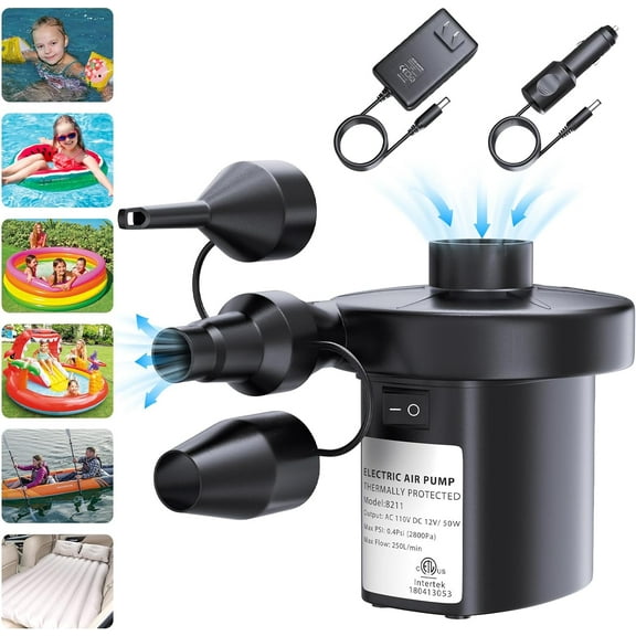 Quick-Fill Air Pump with 3 Nozzles,Electric Air Pump for Inflatables, Portable Inflator/Deflator for Air Mattress Bed,Boats,Toys,Pool Floats,inflatable pool and Outdoor Camping,110V AC/12V DC