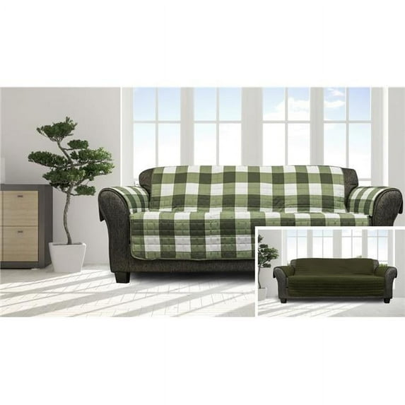 Quick Fit ALCS3=6 /13859 Reversible Sofa Cover Couch Covers - Water Resistant Furniture Slipcover Great For Kids Dogs Pets - Buffalo Plaid Gingham Checkered - Sofa - Sage Green