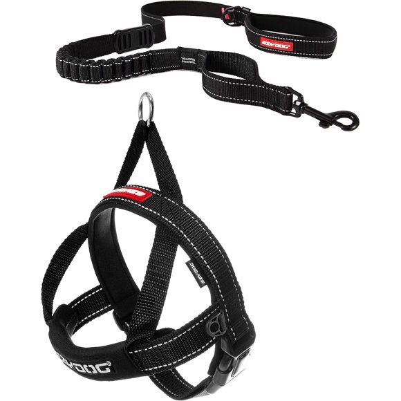 Quick Fit No Pull Adjustable Harness Vest (Small, Black) and Zero Shock Leash - Shock Absorbing, Control & Training Lead (48" Black)