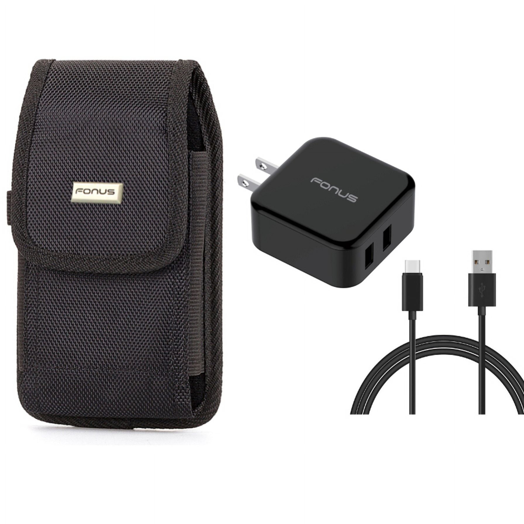 Quick Home Charger & Case Belt Clip for iPhone 15 Pro - 30W 6ft USB Cable 2-Port USB Power Cord and Rugged Holster Canvas Cover K3L for iPhone 15 Pro (6.1")
