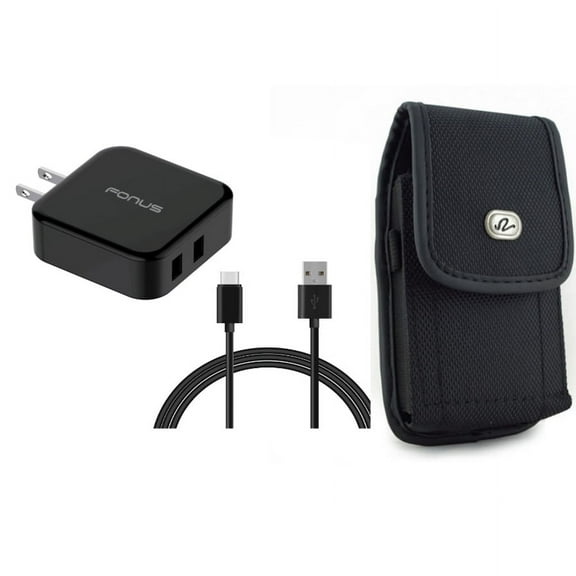 Quick Home Charger & Case Belt Clip for iPhone 15 Pro Max - 30W 6ft USB Cable 2-Port USB Power Cord and Rugged Holster Canvas Cover X9O for iPhone 15 Pro Max (6.7")