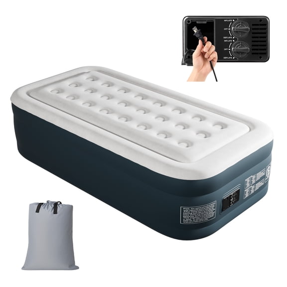 Quick Inflatable Twin Air Mattress with Built-in Pump, Gray & White, 18in Comfort