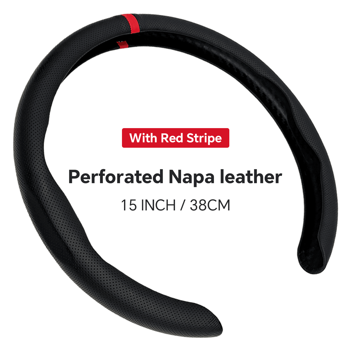 Quick Install Sporty Perforated Nappa Leather Steering Wheel Cover with Red Circular Stripe Trim Universal fit Any 14½ to 15 inches Car Pickup SUV 14.5 to 15 inches SW