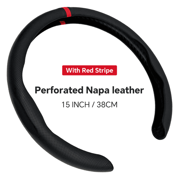 Quick Install Sporty Perforated Nappa Leather Steering Wheel Cover with Red Circular Stripe Trim Universal fit Any 14 to 15 inches Car Pickup SUV 14.5 to 15 inches SW