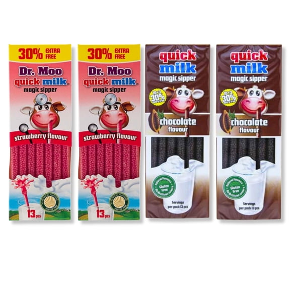 Quick Milk Magic Sipper Straws Pack of 4 - Chocolate x 2 and Strawberry Milk Straws x 2 | 13 each pack | 52 Quick Milk Straws in total by The Great British Kitchen
