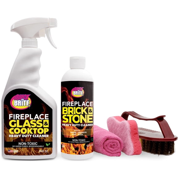 Quick N Brite Fireplace Cleaning Kit – Includes 16oz Fireplace Glass Cleaner, 32 oz Gel Fireplace Cleaner, Scrub Brush, Sponge and Microfiber Towel