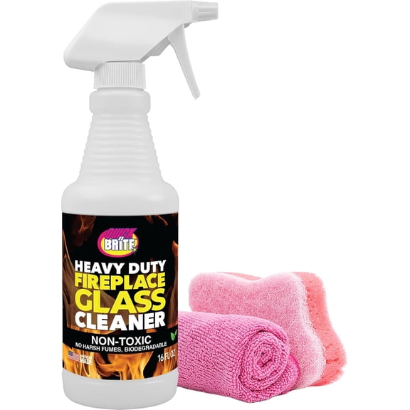 Quick N Brite Fireplace Glass Cleaner Kit with Cloth and Sponge, Removes Soot, Smoke, Creosote, and more, 16 oz, 1-Pack