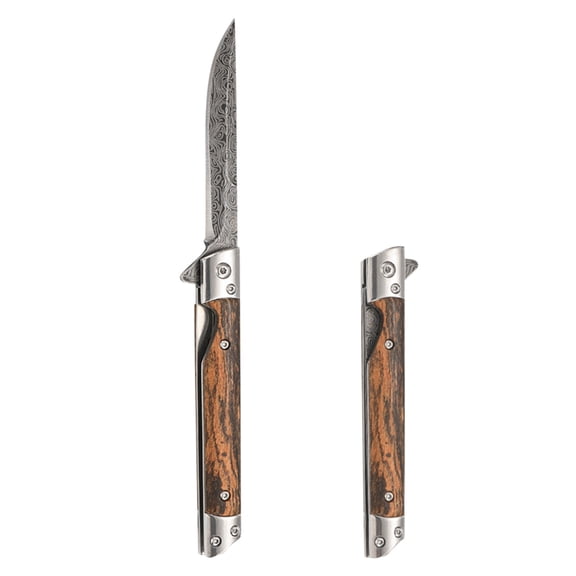 Quick Opening Stainless Steel Folding Knife, ZzCityTK Heavy Duty Leather Handle Multipurpose Camping Knife, Compact Pocket Tool for Fishing Travel Gifts with Storage Pouch