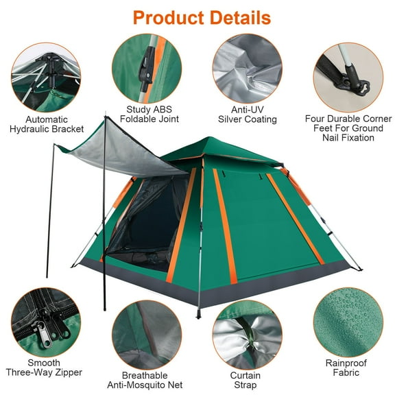 Quick Pop-Up Camping Tent for 4-5 People - Waterproof Windproof Green Family Tent with 2 Mesh Windows, Portable for Hiking & Outdoor
