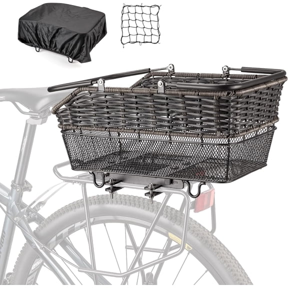 Quick Release Rear Bicycle Basket with Handle, Large Capacity Wire Cargo Basket with Waterproof Cover and Net