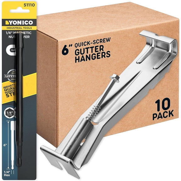 Quick Screw 6 Inch Gutter Hangers - 10 Pack - Gutter Brackets 6 Inch with Bonus 6 Inch Drill Bit - Hidden Bracket Clips with Pre-Assembled Screw - Fix Sagging Rain Gutters