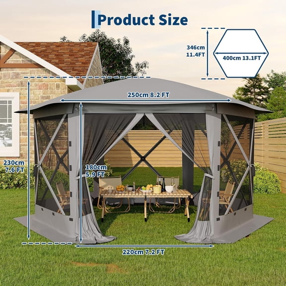 Quick-Set 6-Sided Portable Canopy Screen Tent – Removable Canopy Top, Wind Cloths & Mosquito Netting – Easy One-Push Outdoor Canopy Shelter – 13FT, Gray