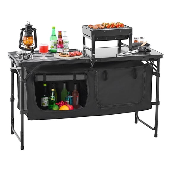 Quick-Setup Camp Kitchen Table with 3 Adjustable Heights. Folding Legs, Durable Lightweight Frame. Perfect Outdoor Cooking Center for RV, Backyard.