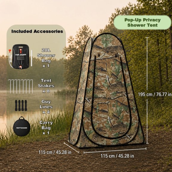 Quick Setup Privacy Shower Tent, Camouflage Outdoor Camping Tent, Comes with 20L Shower Bag & Portable Toilet. Ideal for Camping, Hiking, Changing Clothes, Fishing, Bird Watching and Photography.
