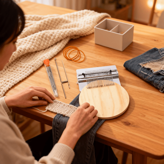 Quick Sewing Repair Loom Kit, Patchmaker Loom for Mending Clothes, Knitting, and Weaving DIY Projects, Mini Darning Tool Set(21 Needles)