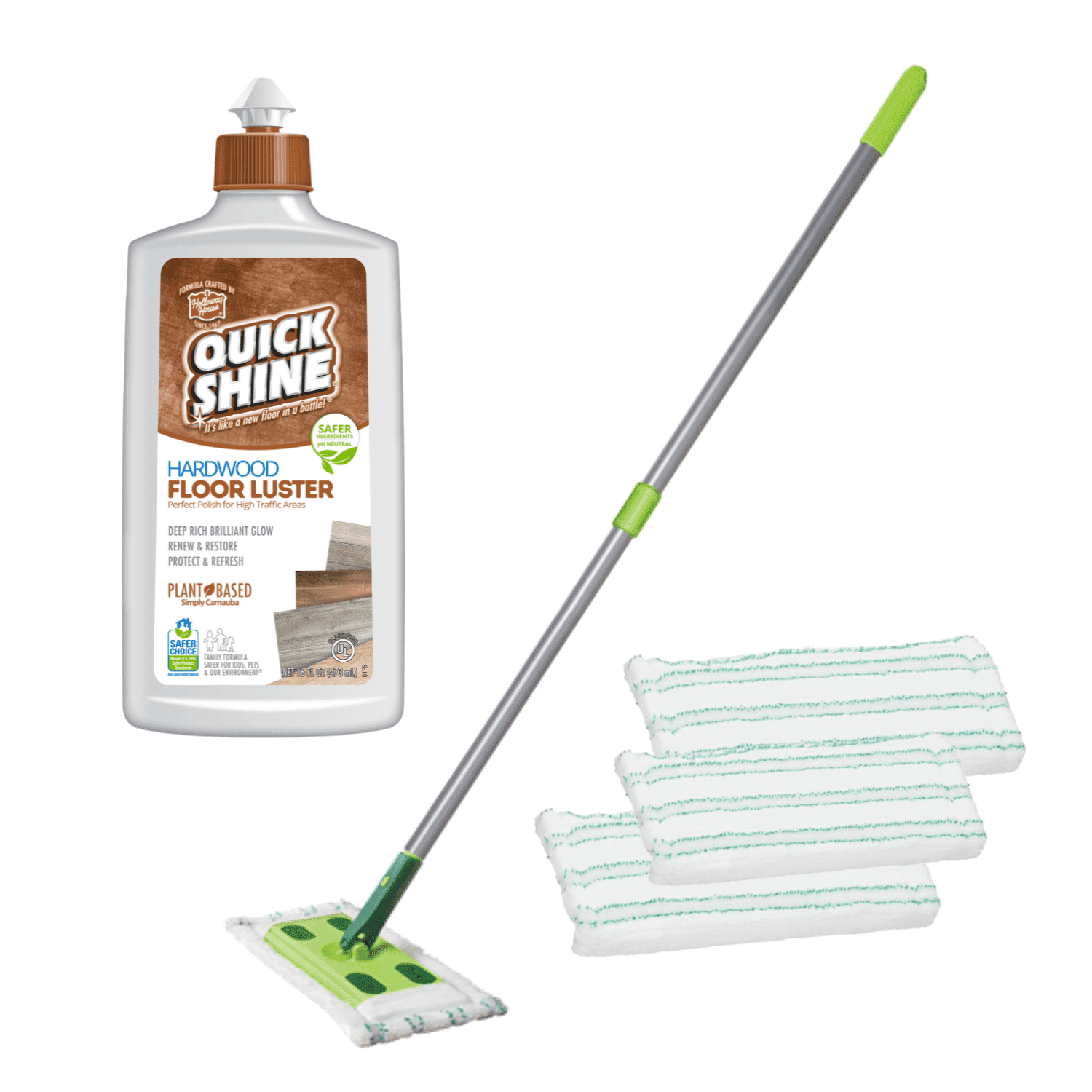 Quick Shine Hardwood Glow Floor Kit Includes Mop, 3 Microfiber Pads