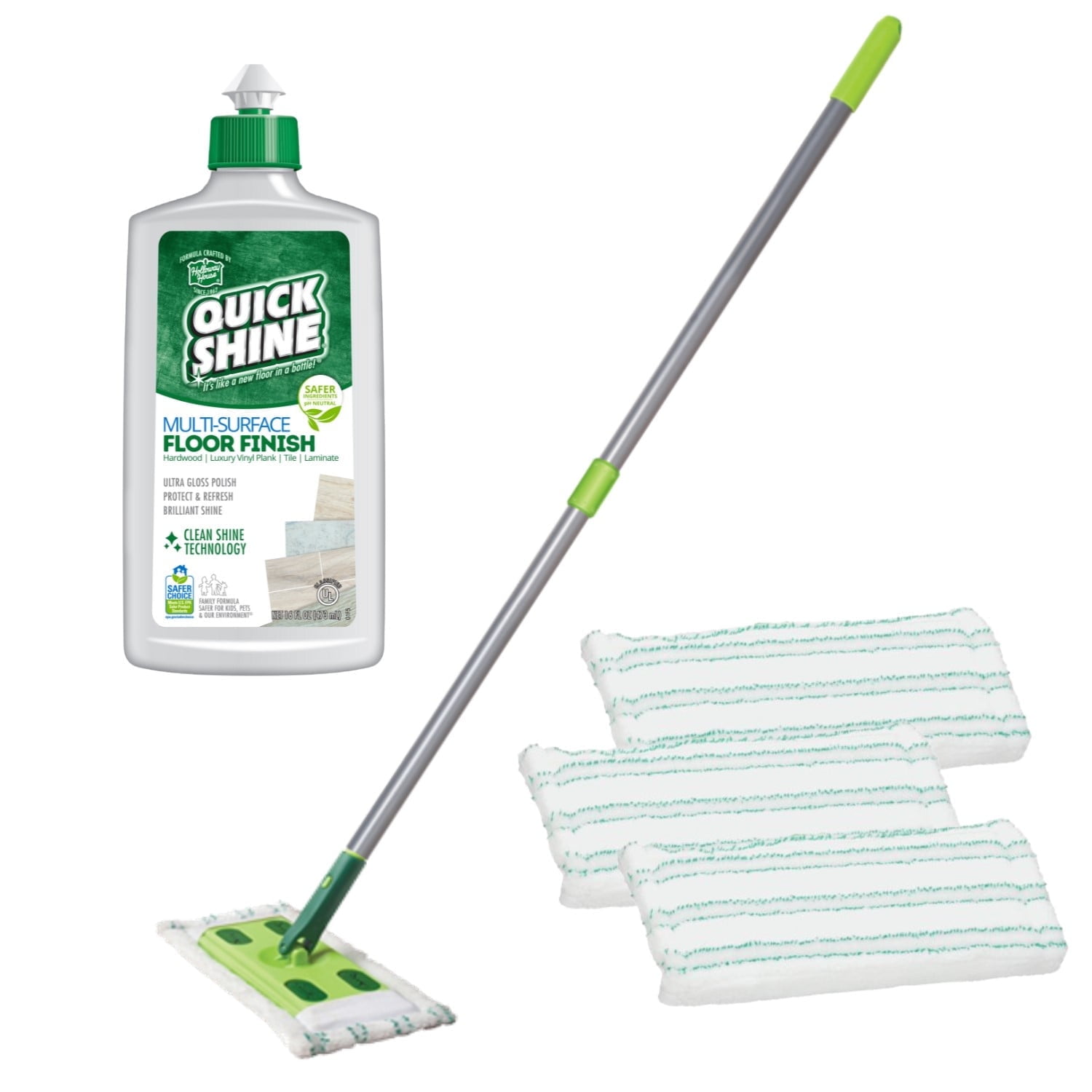 The Coupon deal of  Quick Shine Floor Cleaner & Polisher Kit - Mop, 3 Pads & 16oz Finish