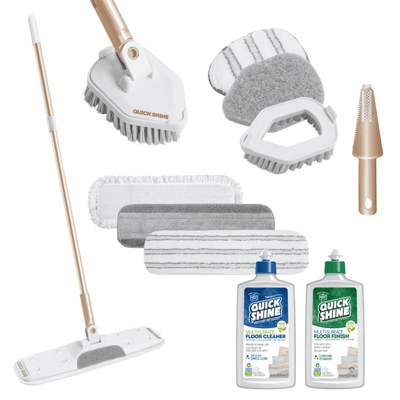 Quick Shine Ultimate Gold Clean + Polish Mop Kit | All-In-One 11 Pc Kit w/Interchangeable Attachments | Cleaner & Polish Incl | No Batteries Needed | Pro Cleaning System for All Floors | 2-in-1 Mop