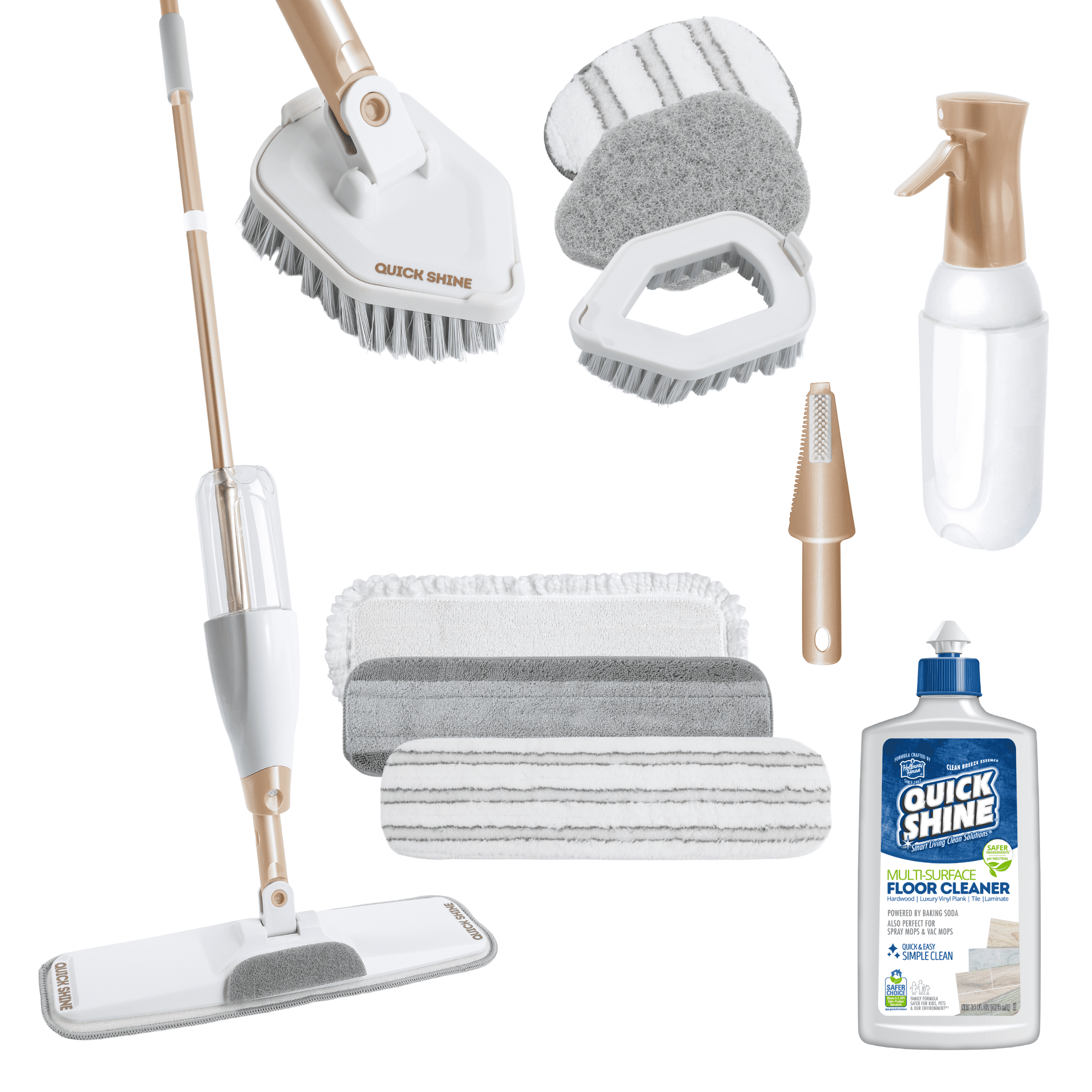 Quick Shine Ultimate Gold Spray Mop Kit | All-In-One 11 Pc Kit w/ Interchangeable Attachments | Floor Cleaner Included | No Batteries Needed | Pro Cleaning System for All Floor Types | 2-in-1 Mop