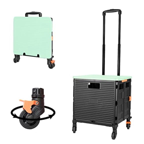 Quick Utility Cart Folding Portable Rolling Crate Handcart with Lid with Durable Heavy Duty Plastic Telescoping Handle Collapsible 4 Rotate Wheels for Travel Shopping Moving Luggage Office Use-Green