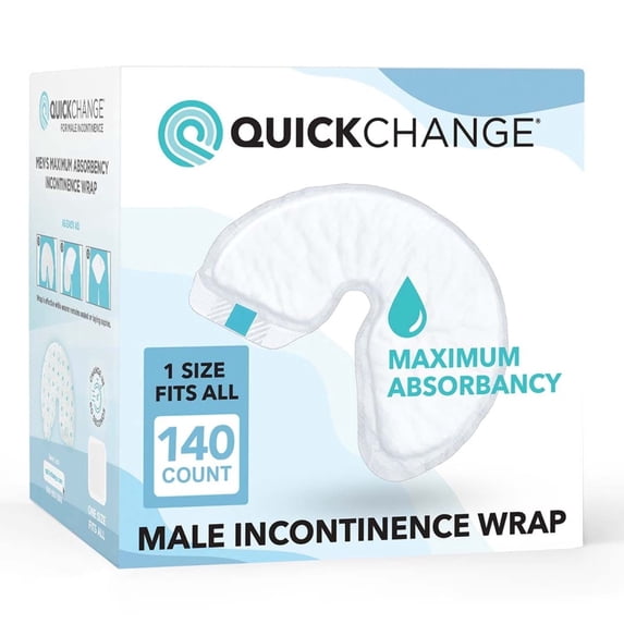 QuickChange Men’s Overnight Adult Incontinence Wrap, Maximum Absorbency, Holds 17oz, Disposable, Fragrance Free, One Size Fits All, (140 Count)