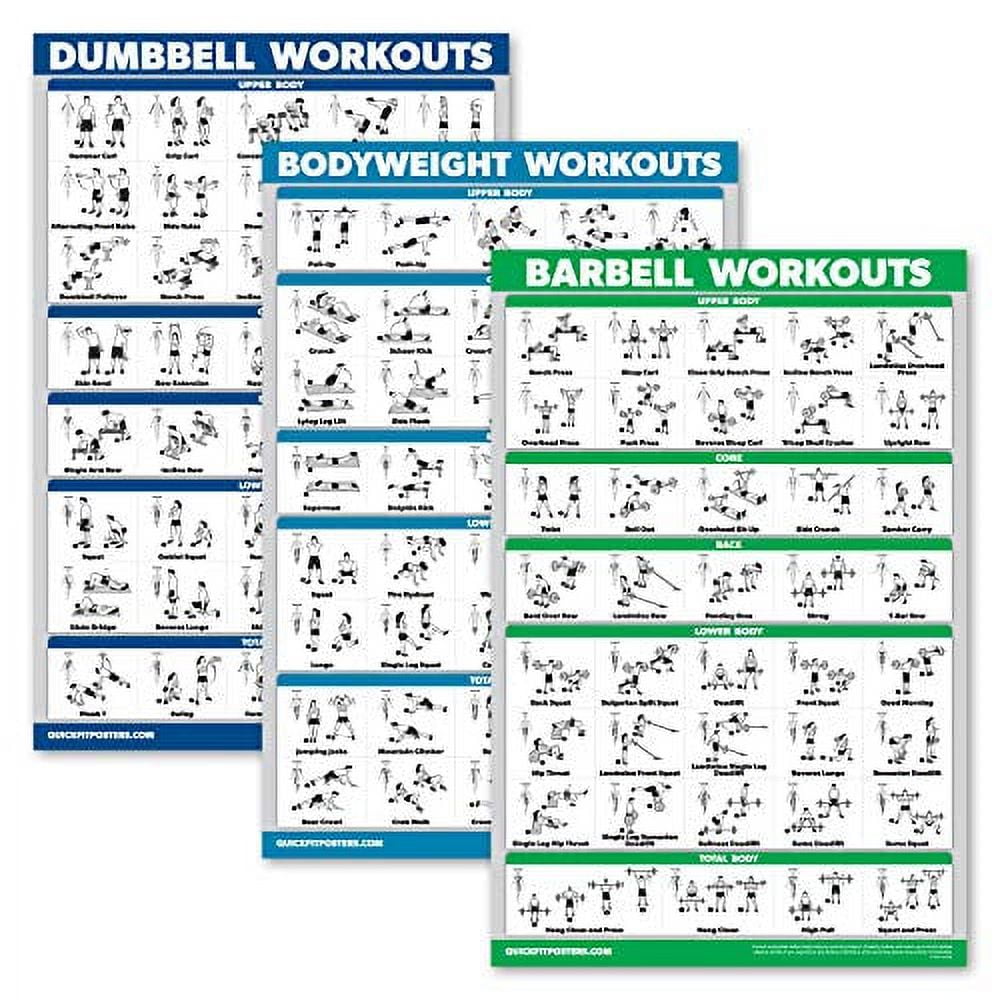 QuickFit 3 Pack Dumbbell Workouts Bodyweight Exercises Barbell Routine Poster Set Set of 3 Workout Charts Walmart