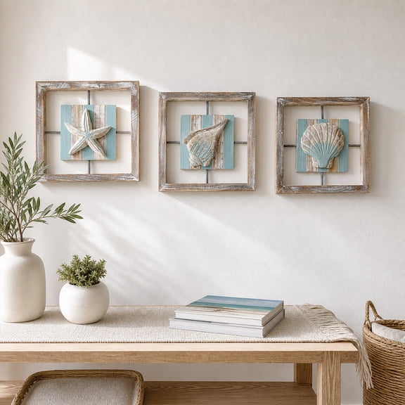 QuickGo 3D Conch/Starfish/Shell Wooden Frame Wall Art, Distressed Coastal Style Wall Decoration, Ocean Inspired Decor for Bedroom Living Room or Beach House