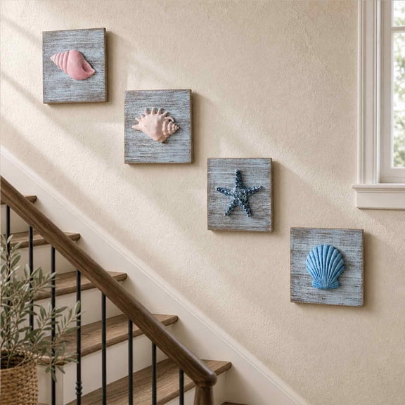 QuickGo 3D Conch/Starfish/Shell Wooden Wall Art, Distressed Coastal Style Wall Decoration, Ocean Inspired Decor for Bedroom Living Room or Beach House
