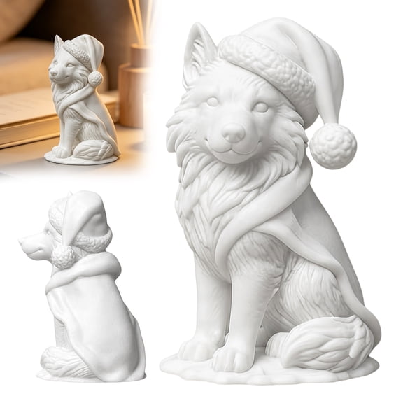 QuickGo 3D Printed Wolf Figurine, Cute Christmas Animal Statue with Santa Hat And Scarf for Tabletop, Mantel Shelf Home Office Decor