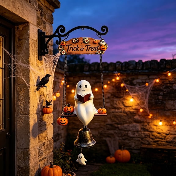 QuickGo Halloween Swing Ghost Doorbell, with Pumpkins Decor, Gothic Style Trick or Treat Sign, for Farmhouse Front Porch Outdoor Decoration