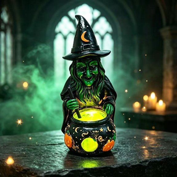 QuickGo Halloween Witch Cauldron Lamp Figurine, Resin Scary Witches Lighted-Up Cauldron, Halloween Festival Supplies Shelf Fireplace Home Decor