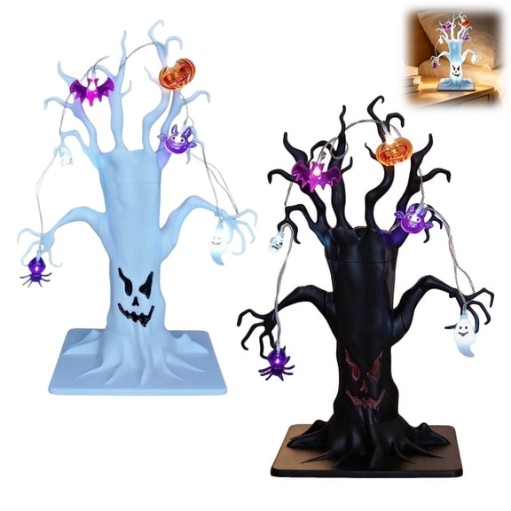 QuickGo Lighted Halloween Spooky Dead Tree Tabletop Decor, Ghost Face Haunted Tree with Pumpkin Spider LED String Lights, Halloween Home Party Tabletop Decoration