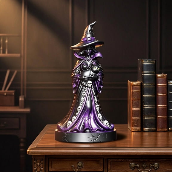 QuickGo Lighted Witch Figurine, Witch Holding Black Cat Statue, Gothic Witch Sculpture with LED Lights for Halloween Table Centerpiece