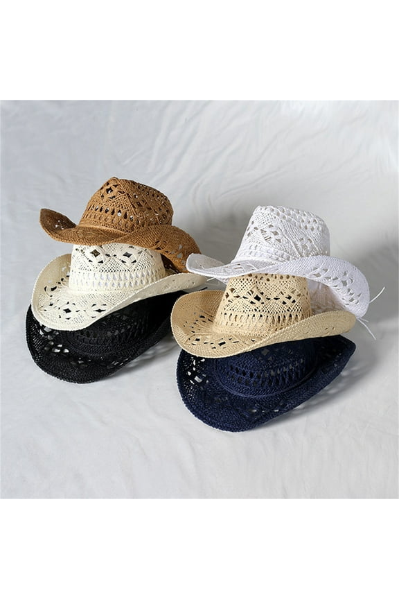 Straw Hat Ventilated Hollow Round Collapsible Western Cowboy Beach Hat Photo Props