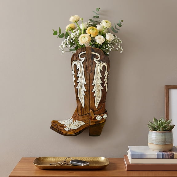 QuickGo Wooden Cowboy Boots Wall Planter for Indoor Plants, Western Boot Flower Hanging Vase for Faux Flower, Rustic Home Wall Decor for Bathroom Bedroom Living Room