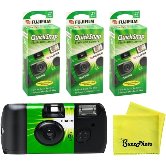 QuickSnap Flash 400 Disposable 35mm Camera (3 Pack) + BuzzPhoto Microfiber Cloth