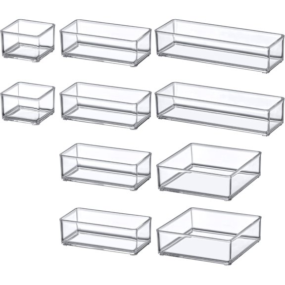 - QuickSort - Plastic Stackable Organizers (10-Piece Set) for Vanity and Desk Drawer, Perfect Storage Solution for Beauty Products, Office Supplies, Decorative Items, and More$$
