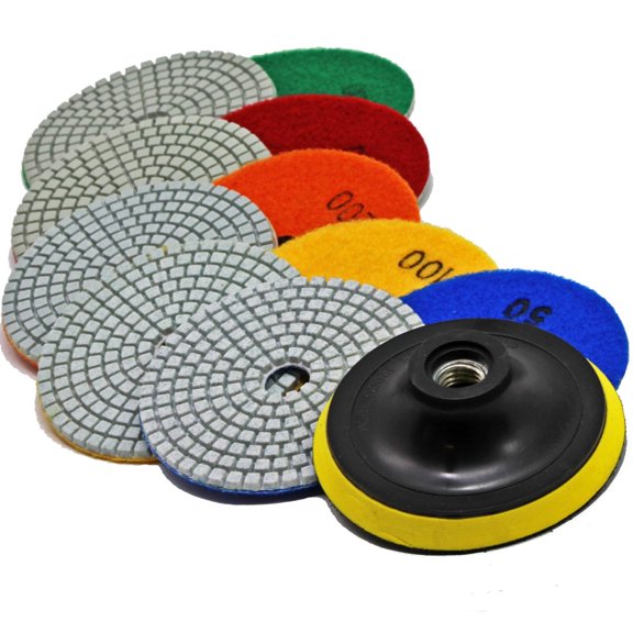 QuickT PPW701E Stone Concrete Marble Quartz Granite 4 Inch Diamond Wet Sanding Polishing Polisher Pads Kit Tools for Wet Grinder Polisher, Includes Countertop Polish DIY Guide & Video