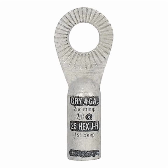 Ring Terminal, 3/8 in Stud Size, 4 AWG, 600 V, Bare Insulated, Bare, Crimp Termination Only