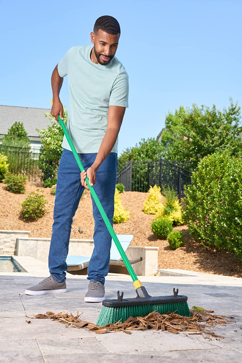 Quickie Bulldozer MultiSurface Push Broom 18 inch, Green, Steel Handle