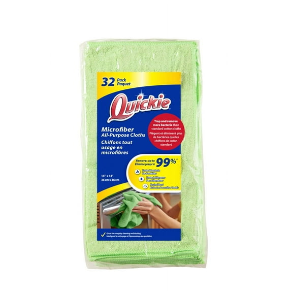 Quickie Cleaning 32-Pack Microfiber Cleaning Cloth 14"x14" inch Green All-Purpose Towel/Wiper for Multi-Purpose Indoor/Outdoor Cleaning/Dusting/Polishing on Kitchen/Bathroom/Auto Surfaces