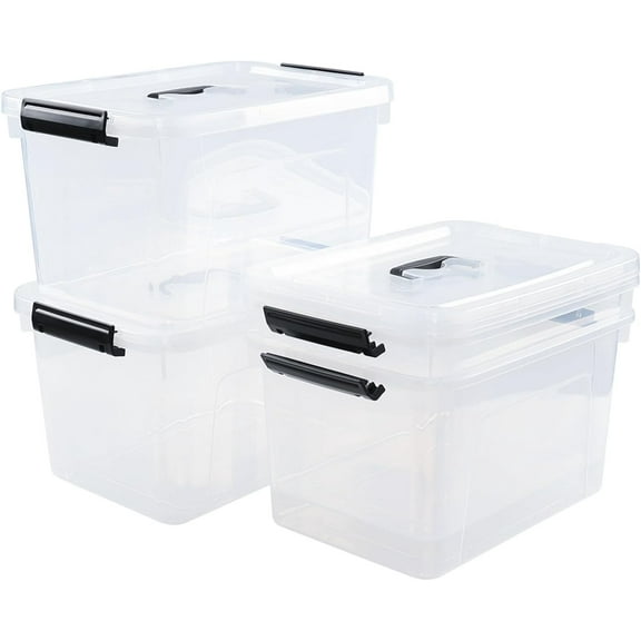 Quickquick 12 Quart Plastic Storage Bin with Handle, Clear Latching Box with Lids, 4 Packs