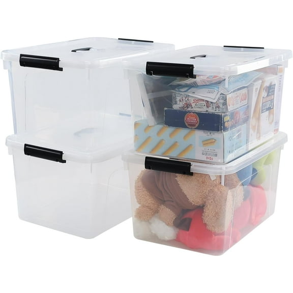 Quickquick 18 Quart Plastic Clear Latch Storage Boxes, Latching Bin with Handle, 4 Packs