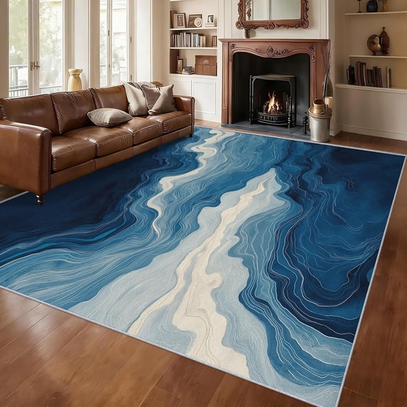 Popular Blue Rug Quicksand Area Rugs, Navy Blue Fluid Art Carpet, Washable Non Slip Low ...