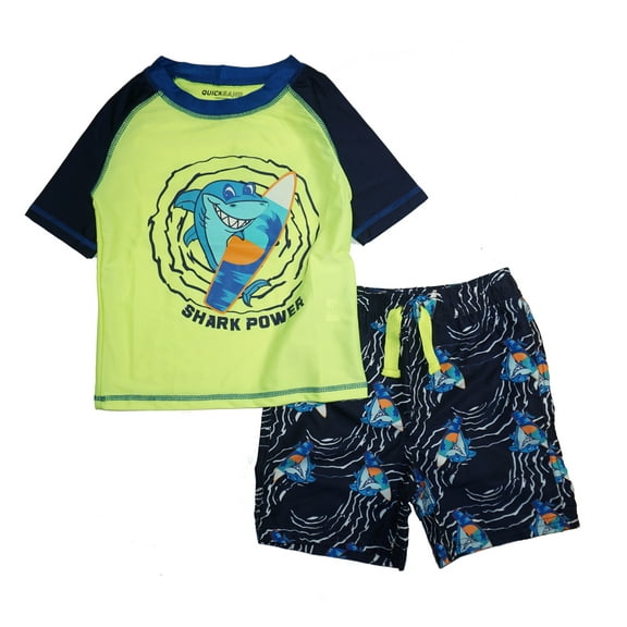 Quicksand Boys' 2-Piece UPF 50  Rash Guard and Swimsuit Trunks Set (12M, Yellow Shark)